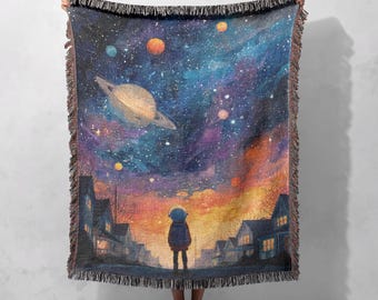 Space Galaxy Woven Blanket 100% Cotton, Astronomy Blanket, Starry Night Blanket, Cosmic Adventure Blanket, Outer Space Exploration Blanket