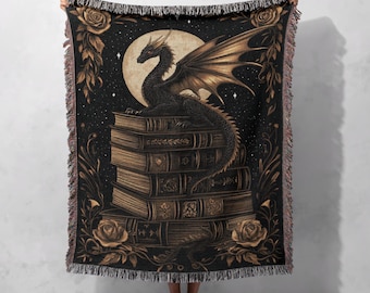 100% Cotton Dragon & Books Woven Blanket – Dark Academia Fantasy Tapestry, Gothic Cozy Throw