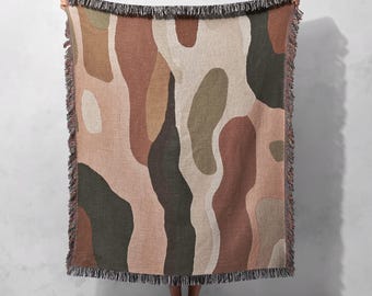 Earthy Camouflage Woven Blanket 100% Cotton - Neutral Tones with Fringed Edges, Cottagecore Tapestry