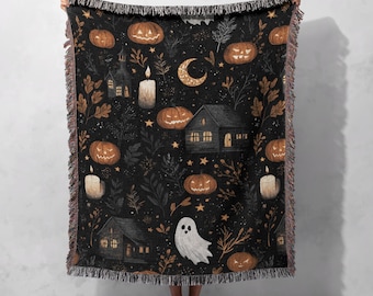 Halloween Occasion Gift Woven Blanket 100% Cotton, Spooky Season Lover Woven Throw, Cute Ghost And Pumpkin Tapestry Blanket, Autumn Hobby.