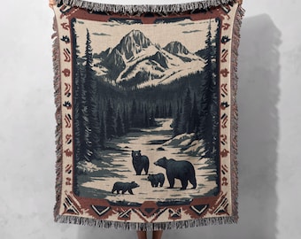 Mountain Bear Family Woven Blanket 100% Cotton - Rustic Lodge Cabin Decor Throw, Cottagecore Tapestry