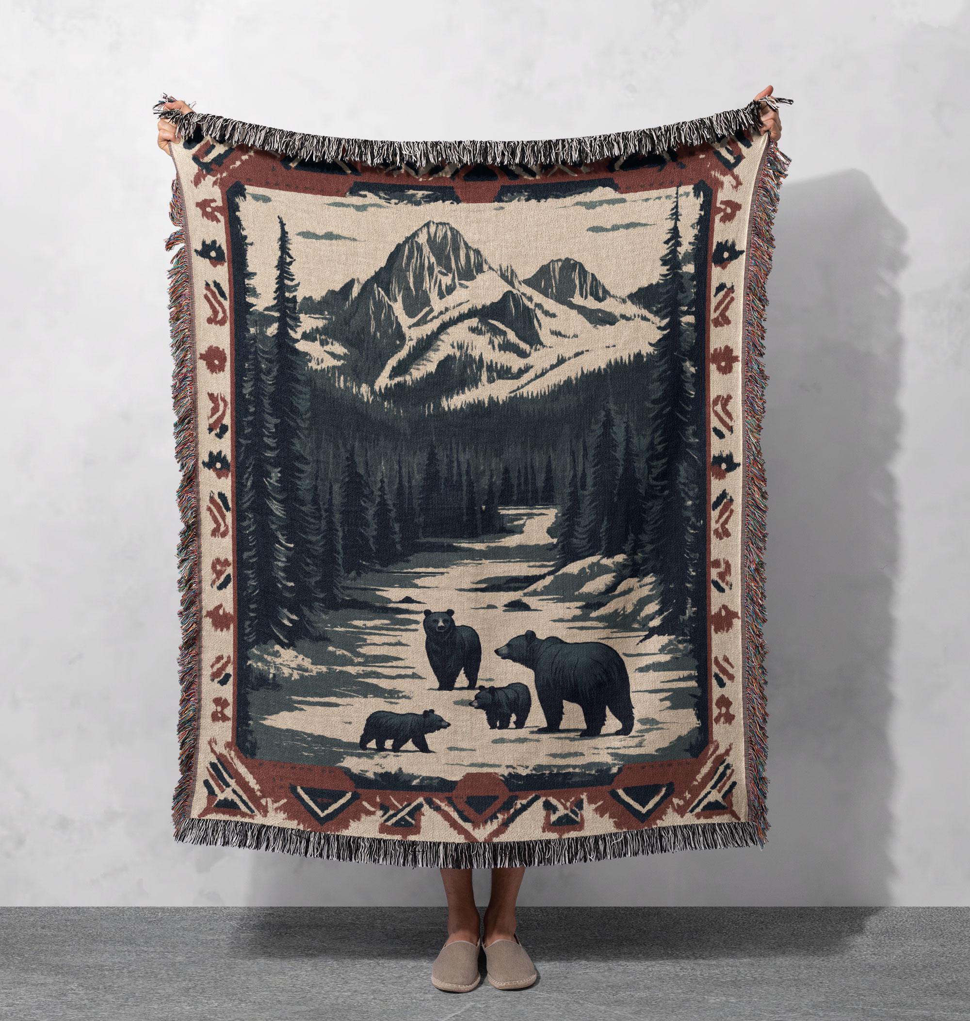 Mountain Bear Family Woven Blanket 100% Cotton - Rustic Lodge