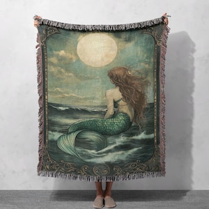 Serene Mermaid Woven Blanket 100% Cotton with Ocean Waves and Full Moon Design for Coastal Home Decor, Cottagecore Tapestry