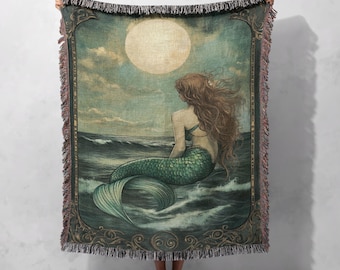 Manta tejida Serene Mermaid 100 % algodón con diseño de olas del océano y luna llena para decoración costera del hogar, tapiz Cottagecore