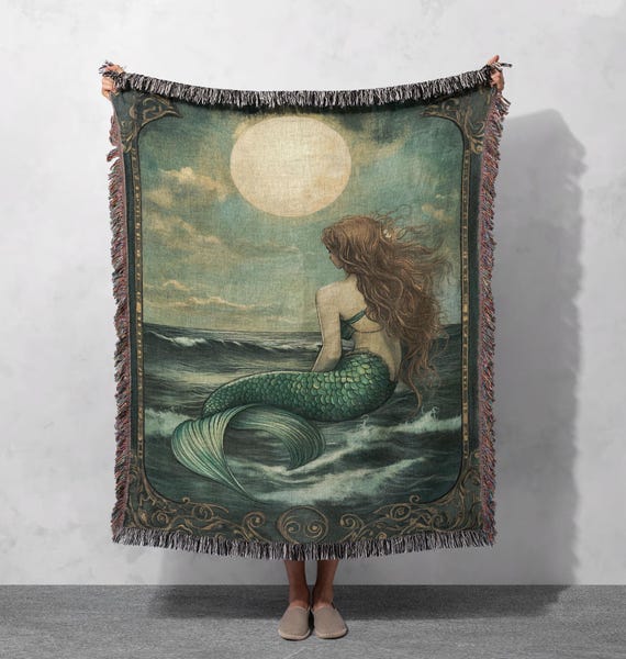 Serene Mermaid Woven Blanket 100% Cotton With Ocean Waves and Full