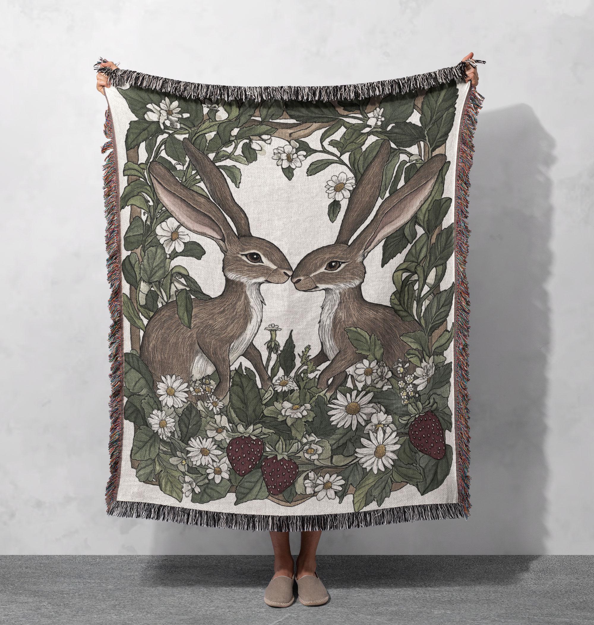 Romantic Bunny Garden Woven Blanket 100% Cotton With Fringe