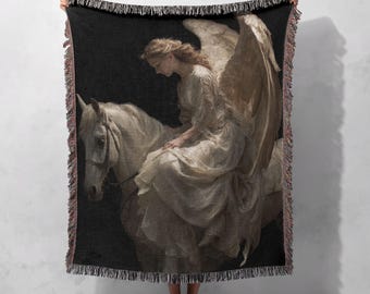 Manta tecida com anjo etéreo a cavalo, 100% algodão, arte fantástica, tapeçaria de beleza divina e serena, presente espiritual para decoração de casa.