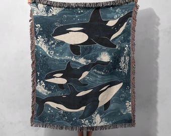 100% Cotton Orca Woven Blanket, Marine Wildlife Tapestry, Ocean-Themed Throw, Coastal Home Decor, Cozy Nautical Blanket