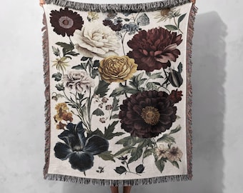 Vintage Floral Woven Blanket 100% Cotton - Colorful Garden Flower Art Throw for Elegant Home Decor, Cottagecore Tapestry