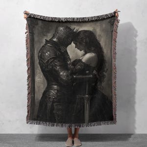Medieval Knight and Lady Woven Blanket 100% Cotton - Dark Fantasy Romantic Art Throw for Home Decor, Cottagecore Tapestry