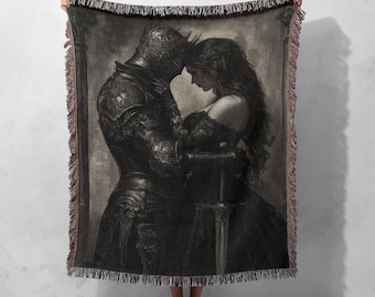 Medieval Knight and Lady Woven Blanket 100% Cotton - Dark Fantasy Romantic Art Throw for Home Decor, Cottagecore Tapestry
