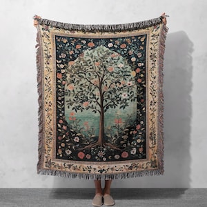 Vibrant Tree of Life Woven Blanket 100% Cotton, Decorative Throw with Floral and Nature Design for Home Decor, Cottagecore Tapestry