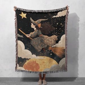 Halloween Witch Woven Blanket 100% Cotton, Flying On Broom Woven Throw, Wiccan Friend Gift Tapestry Blanket, Pagan Samhain Decor For Witchy