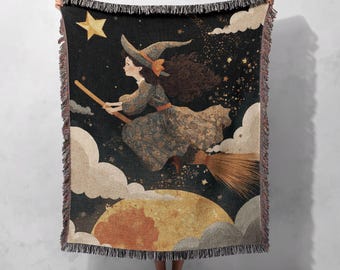 Halloween Hexe Gewebte Decke 100% Baumwolle, Fliegen Auf Besen Gewebter Überwurf, Wicca Freund Geschenk Tapisserie Decke, Pagan Samhain Dekor Für Witchy