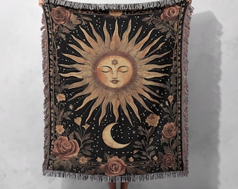 100% katoenen geweven zon- en maandeken – Celestial Boho Tapestry, plaid mystieke astrologie