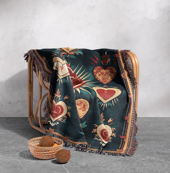 Sacred Heart Woven Blanket – Vintage Folk Art Inspired Tapestry