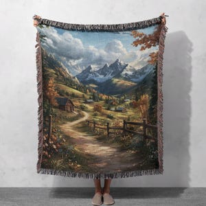 Mountain Cabin Woven Blanket 100% Cotton - Scenic Art Throw for Cozy Home Decor, Cottagecore Tapestry