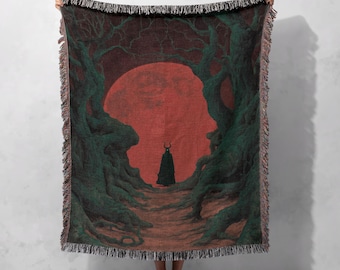 Manta tejida gótica para decoración del hogar, 100 % algodón, con temática de brujas de Halloween, tapiz tejido con arte de fantasía oscura, manta ritual pagana oculta.