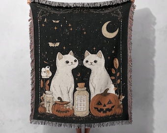 Halloween Cat 100% Cotton Woven Blanket, Spooky Cozy Throw, Witchy Home Decor, Gothic Fall Aesthetic, Cute Pumpkin Tapestry