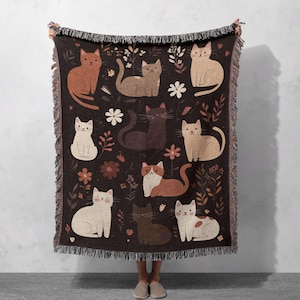 100% Cotton Cat Woven Blanket, Cozy Feline Tapestry Throw, Cute Kitty Home Decor