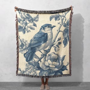 Bird, Nature Lover Woven Blanket 100% Cototn, Floral Pattern Woven Blanket, Garden Enthusiast Woven Blanket, Vintage Bird Illustration