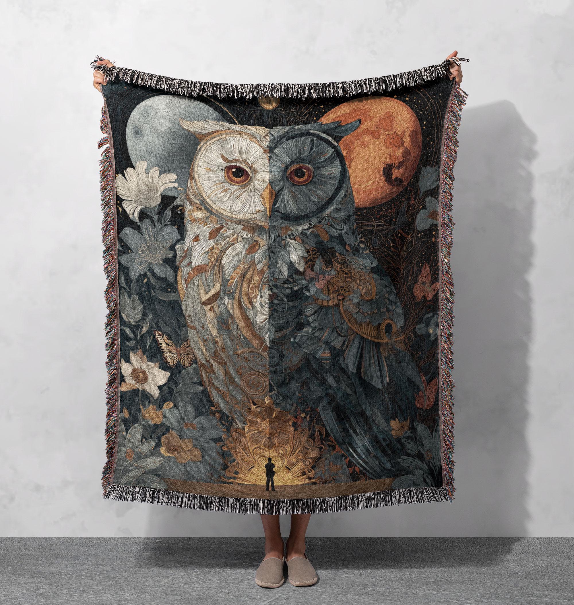 Mystical Owl And Moon Woven Blanket 100% Cotton, Animal Nature Lover Woven Blanket, Spiritual Wildli