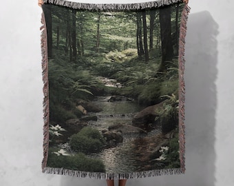 Peaceful Forest Stream Woven Blanket 100% Cotton, Cottagecore Aesthetic, Nature Lover Hobby Gift, Cabin Decor Throw, Woods Scenery Tapestry