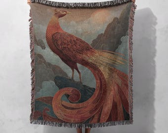 Majestic Phoenix Woven Blanket 100% Cotton, Mythical Bird Art Throw, Elegant Fantasy Decor Blanket, Unique Spiritual Home Gift, Ornate Bird.