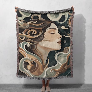 Abstract Goddess Woven Blanket 100% Cotton - Elegant Artistic Home Decor Throw Blanket, Cottagecore Tapestry