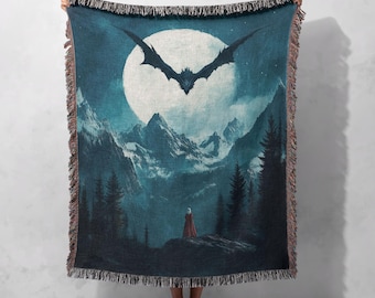 100% Cotton Dragon Moon Woven Blanket, Fantasy Tapestry Throw, Enchanted Mountain Night Scene, Mythical Home Decor
