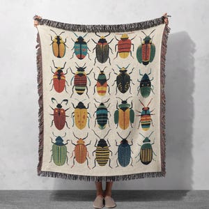 100% Cotton Colorful Beetle Woven Blanket, Entomology-Inspired Tapestry, Nature Decor