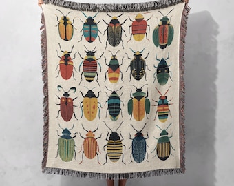 Manta tejida 100 % algodón con diseño de escarabajos de colores, tapiz inspirado en la entomología, decoración natural