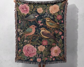 Vintage geweven deken van 100% katoen met vogelmotief, bloemenpatroon, romantische cottagecore decoratie, knusse deken geïnspireerd op de natuur