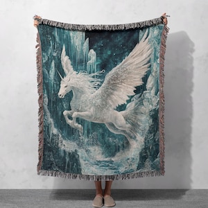Winged Unicorn Alicorn Art Woven Blanket 100% Cotton, Fantasy Lover Hobby Myth Blanket, Daughter Occasion, Pegasus Folklore Cozy Art