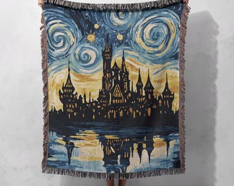Manta tejida con diseño artístico de Starry Night Castle, 100 % algodón, acogedora y decorativa, tapiz Cottagecore