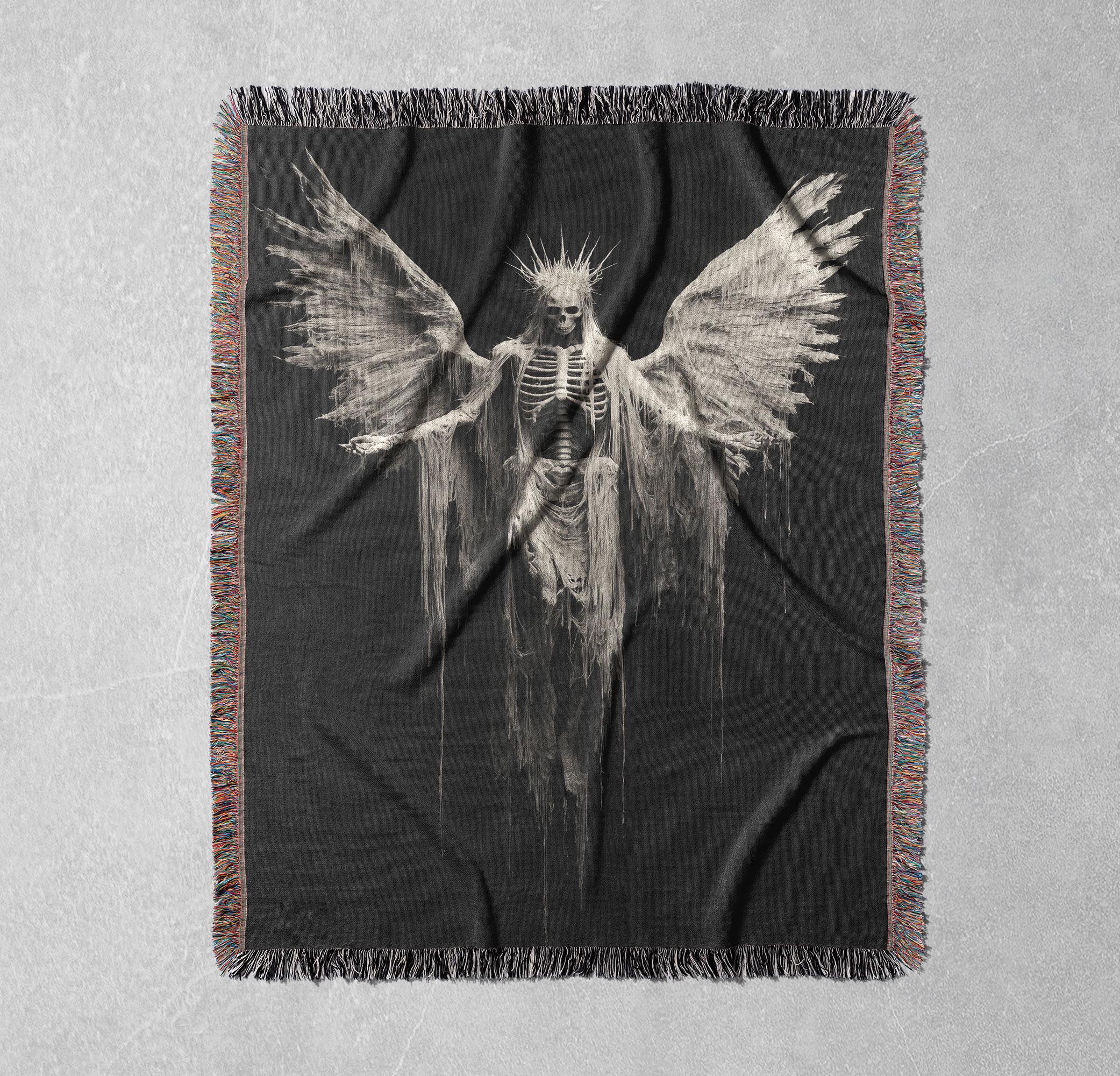Dark Angel Skeleton Woven Blanket 100% Cotton, Gothic Winged