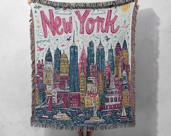 Vibrant New York City Skyline 100% Cotton Woven Blanket, Iconic Big Apple Art Throw, Unique NYC Decor Gift, Travel Lover Home Accent Decor.