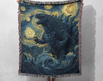 Godzilla Starry Night Woven Blanket 100% Cotton, Kaiju Monster Art Throw Blanket, Sci-Fi Movie Fan Gift Blanket, Blanket Decor Home Gift.