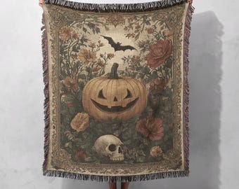 Halloween Pumpkin Woven Blanket 100% Cotton, Skull And Bat Woven Blanket, Fall Floral And Spooky Halloween Woven Blanket, October Fall Decor