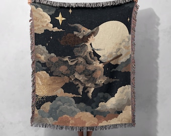Witch On Broom Woven Blanket 100% Cotton, Halloween Decor Throw Blanket, Gift For Pagan Friend, Wiccan Religion Tapestry, Witchcraft Hobby