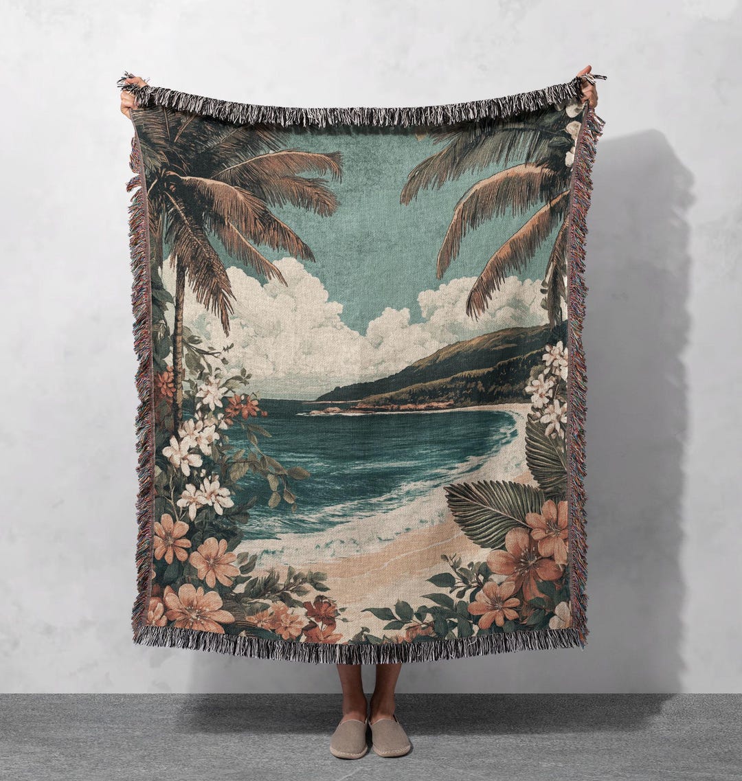 Tropical Beach Woven Blanket – 100% Cotton Coastal Throw With Palm