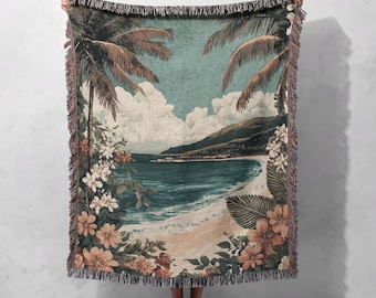 L*e様 iMPeRF Ocean View Woven Throw Blank Tropical Beach Woven Blanket – 100% Cotton Coastal Throw With Palm