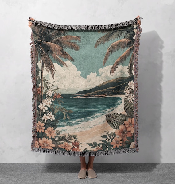 Tropical Beach Woven Blanket – 100% Cotton Coastal Throw With Palm