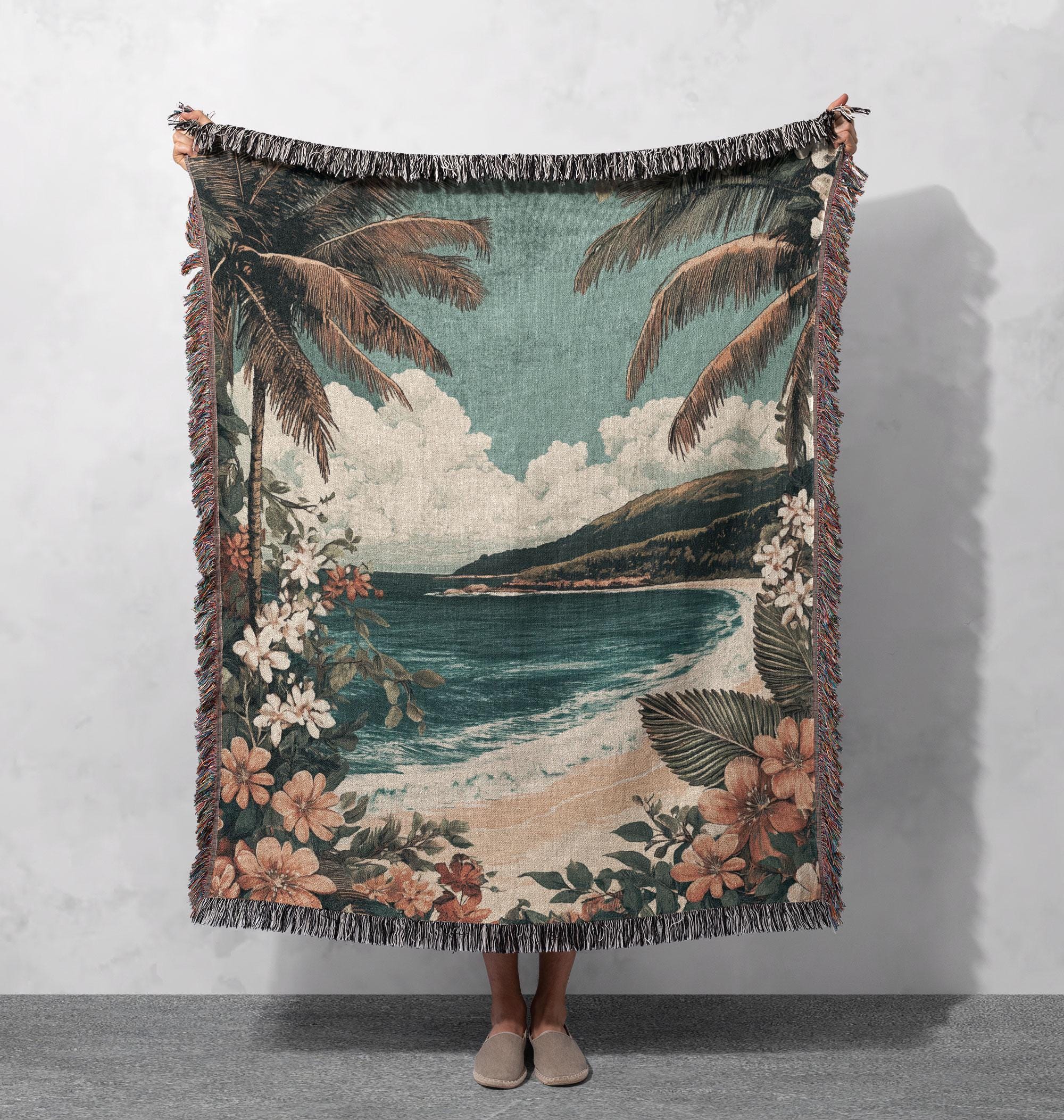 Tropical Beach Woven Blanket – 100% Cotton Coastal Throw With Palm