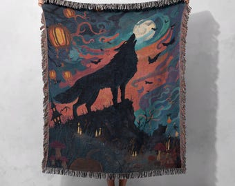 Howling Wolf Woven Blanket 100% Cotton, Halloween Decor Throw Blanket, Spooky Season Woven Tapestry, Gothic Home Decor Couch Blanket