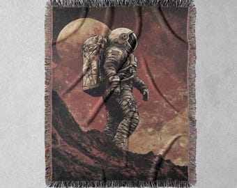 Astronaut Adventure Woven Blanket 100% Cotton, Red Planet Space