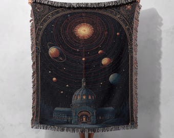 Astronomy Lover Woven Blanket 100% Cotton, Stargazer Gift Woven Throw, Celestial Solar System Woven Tapestry, Gift For Astronomer, Science.