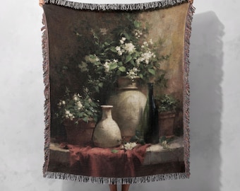 Vintage Still Life Art Woven Blanket 100% Cotton, Dark Academia Decor Woven Throw, Moody Floral Cottagecore Tapestry, Classic Painting Lover