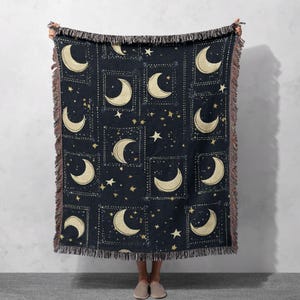 Moon and Stars Woven Blanket 100% Cotton with Vintage Night Sky Pattern, Cottagecore Tapestry