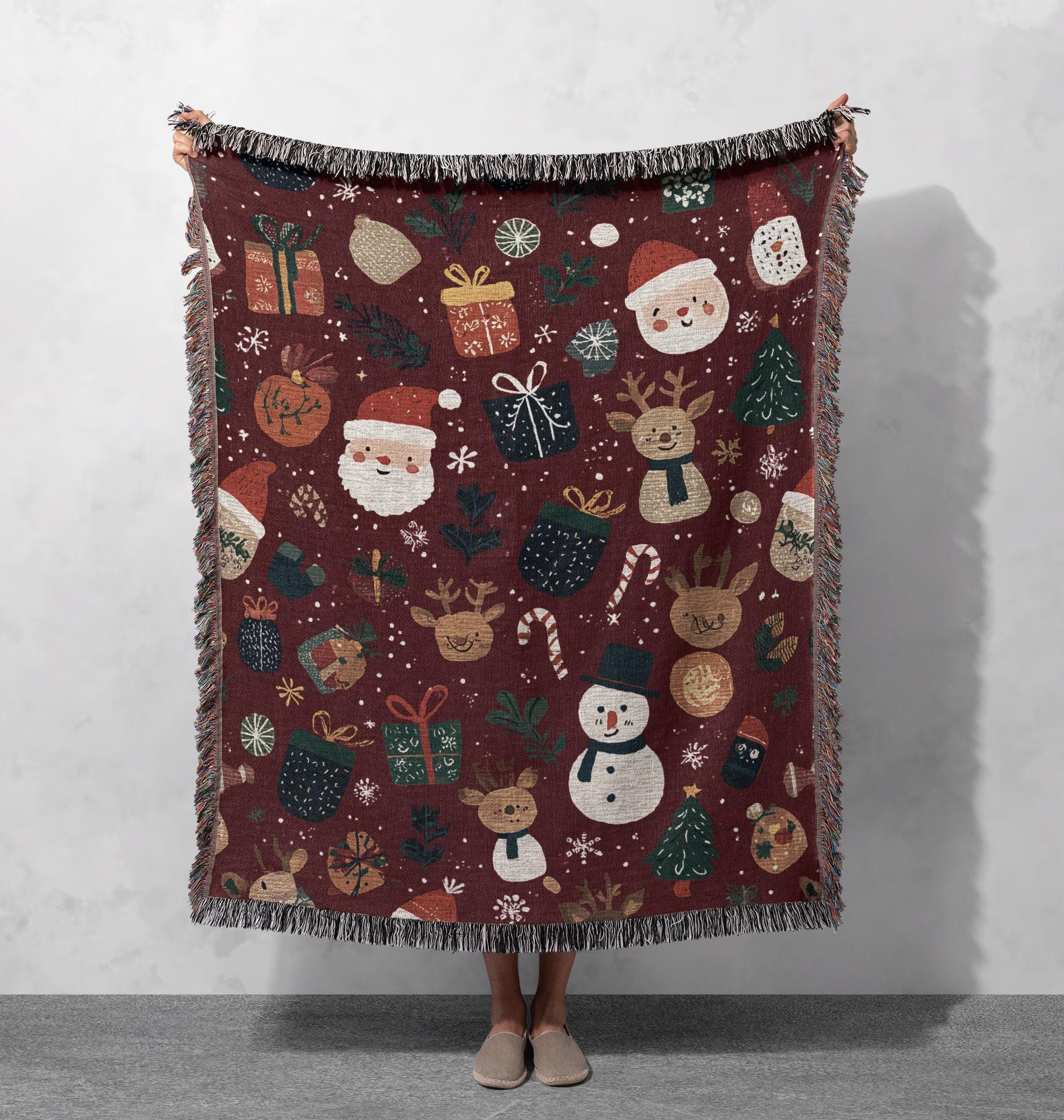 Christmas Holiday Family Woven Blanket 100% Cotton, Santa Claus